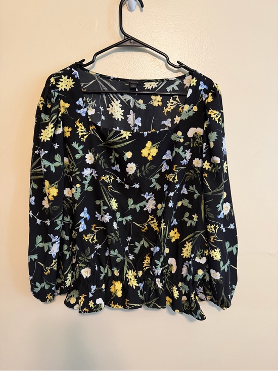 Ann Taylor Tops - Ann Taylor Black Floral Square Neck Peplum Blouse